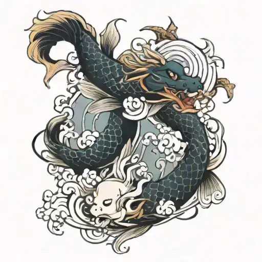 yin yang dragon koi fish swimming tattoo design idea