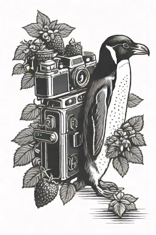 penguin taking pictures of strawberries   tattoo design idea