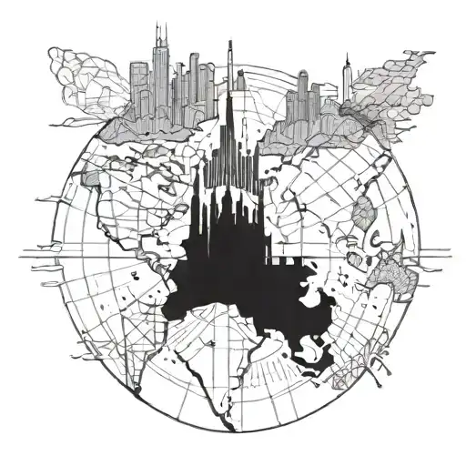 A detailed map of the world with landmarks from all the places you've traveled to, incorporating Chicago's skyline subtly in the background tattoo design idea