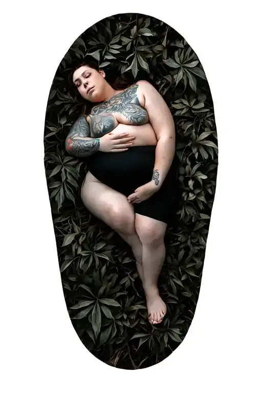 nude bbw chubby white girl frontal side laying pose in foliage black and grey hands and feet hidden tattoo design idea