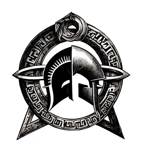 spartan helmet inside of the Greek omega symbol with forties fortuna adiuvat going around on the greek omega symbol tattoo design idea