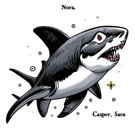 "Nora. Casper. Sara" puffin bird. white shark. scull. tattoo design idea