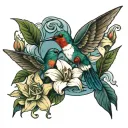 rose, anchor, lily, hummingbird hovering tattoo design idea