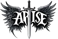 ARISE text gothic style with sword and wings spread wide tattoo design idea
