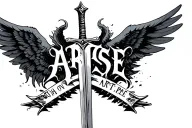ARISE text gothic style with sword and wings spread wide tattoo design idea