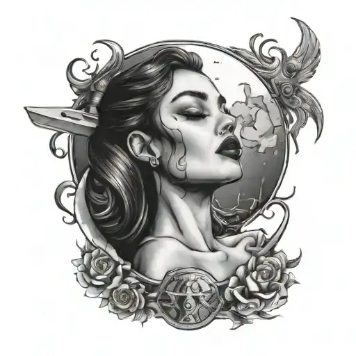 A half moon with a woman laying on it staring at a razor blade in her hands tattoo design idea