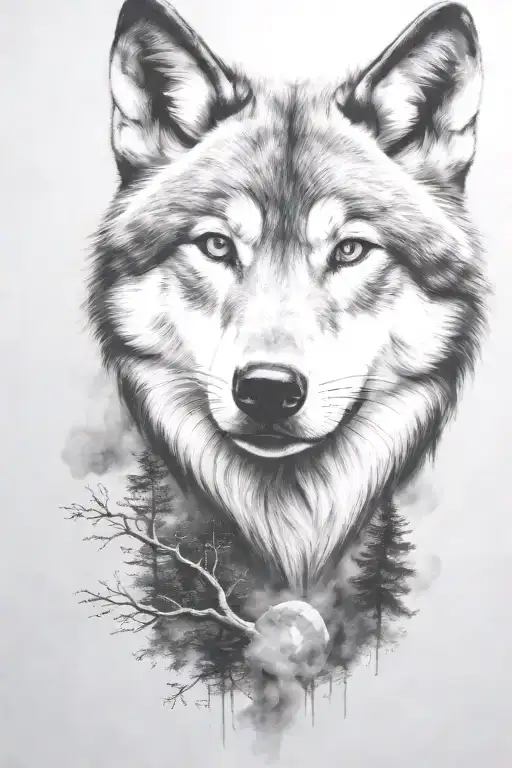 wolf cub, moon, forest, river, adult wolf, smoke rising tattoo design idea