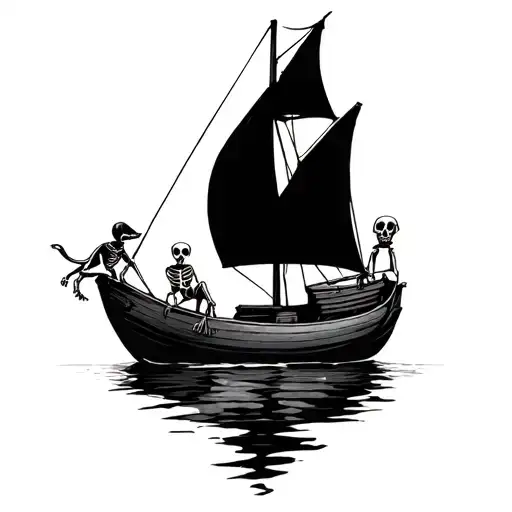 A black and grey semi-realistic tattoo of a simple sailboat with a skeleton dog and a skeleton sitting on the boat tattoo design idea