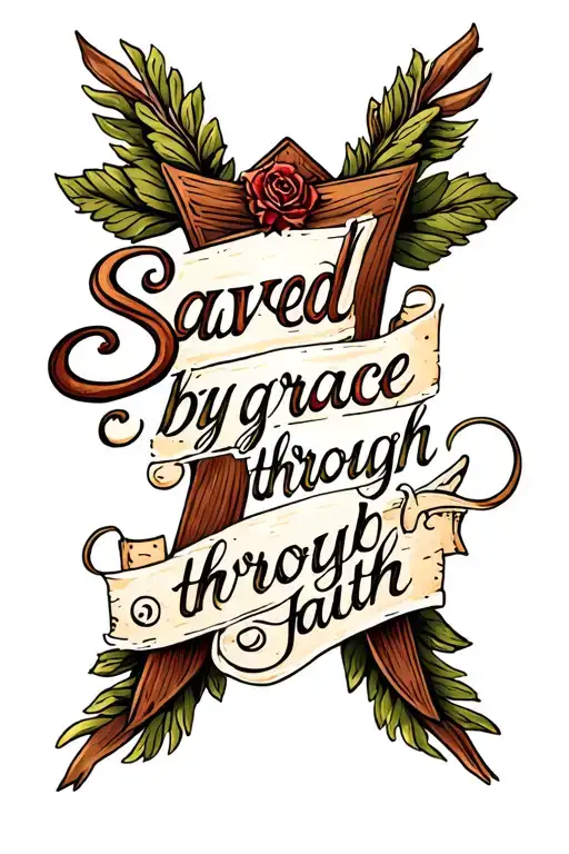 the words " saved by grace through faith" in the shape of a cross written in handwritten cursive  tattoo design idea