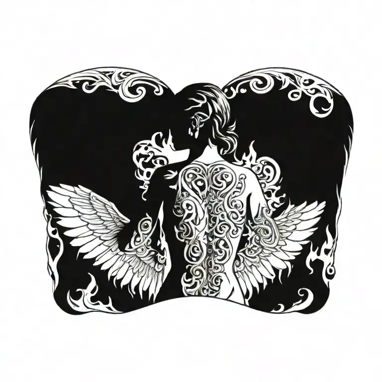 Gang style, woman angel in the middle viewed from the back, dollars, flames tattoo design idea