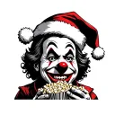 art the clown wearing Santa hat smiling while eating popcorn tattoo design idea