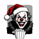 art the clown wearing Santa hat smiling while eating popcorn tattoo design idea