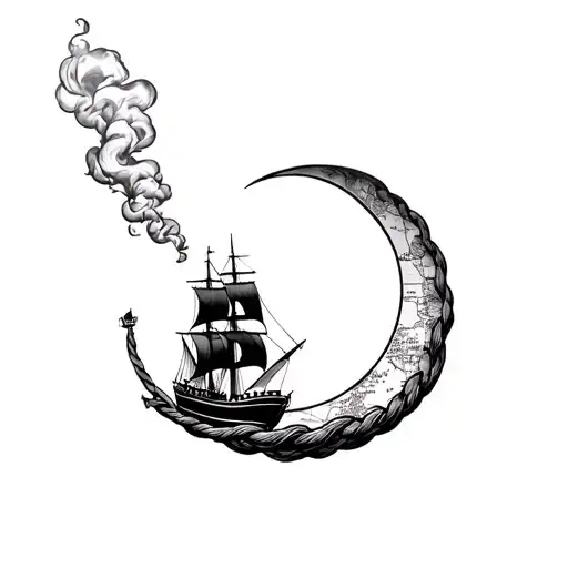 ship fading into smoke forming a coiled rope intertwined with a half moon outlined by a nautical map tattoo design idea