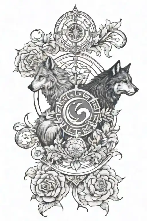 libra wolf Pisces Capricorn and floral  tattoo design idea