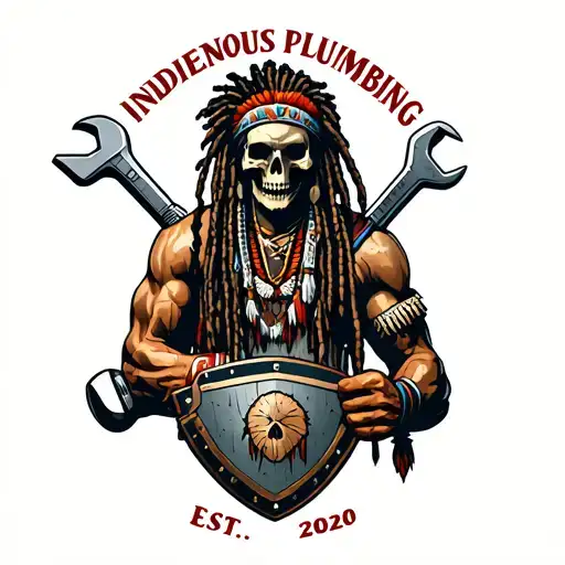 "INDIGENOUS PLUMBING EST.2020" skull dreadlock Native American warrior holding wrench with shield  tattoo design idea