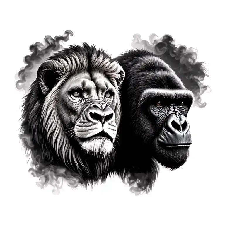 lion and gorilla with smokey jungle background tattoo design idea