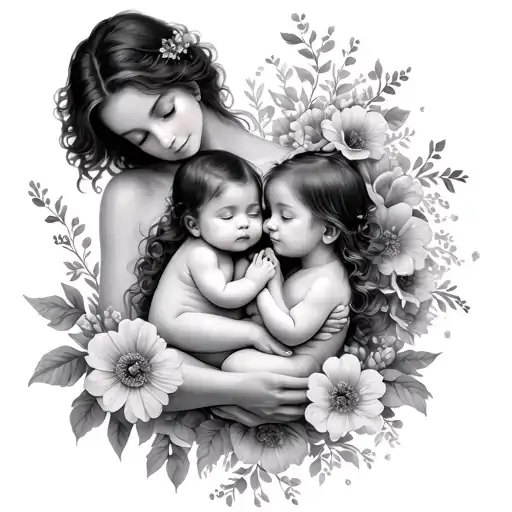 Mother holding baby twin girls surrounded by flowers tattoo design idea