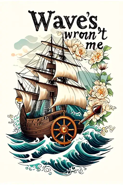 " Waves won't break me" waves, ship, anchor, flowers, wine, skeleton female, ship wheel, chain tattoo design idea