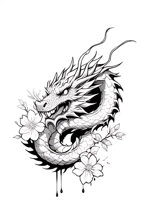 a dragon that wraps around the arm and head is on my hand or chest and a bleeding samurai with some sakura flowers as ba tattoo design idea