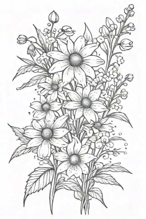 daisies and daffodils with sprinkling of cherry blossoms, snow drops, violets, filler, stems tattoo design idea