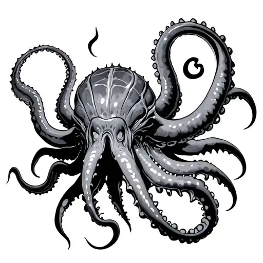 an segmented soft bodied, flexible internal shell, tentacles, siphon for jet propulsion,carnivore, camouflage, and claws tattoo design idea