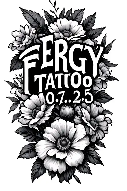 "FERGY 06. 07. 25" flowers surrounding the text tattoo design idea