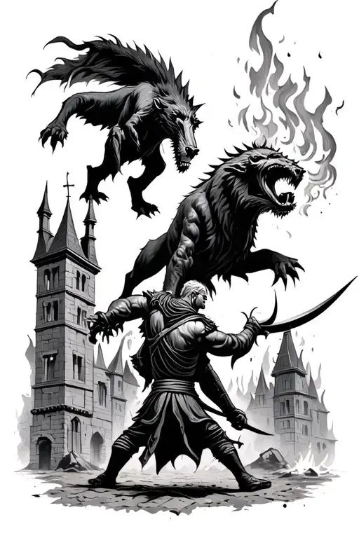 medieval man vs beast fighting infront of burning buildings tattoo design idea