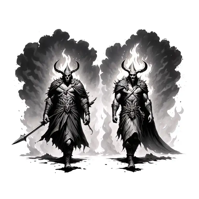 Ares and Hades standing side by side, war and death walking through fire and ash in total silence tattoo design idea