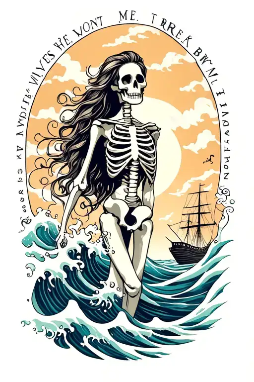words "Waves won’t break me” waves, ship, anchor, skeleton woman tattoo design idea