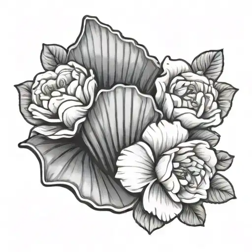 scallop shell with camellia flowers tattoo design idea