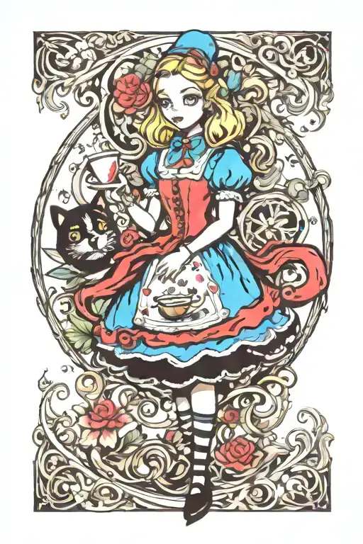 gothic Alice in wonderland sleeve tattoo with colour tattoo design idea