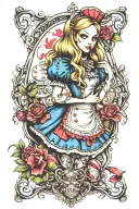 gothic Alice in wonderland sleeve tattoo with colour tattoo design idea