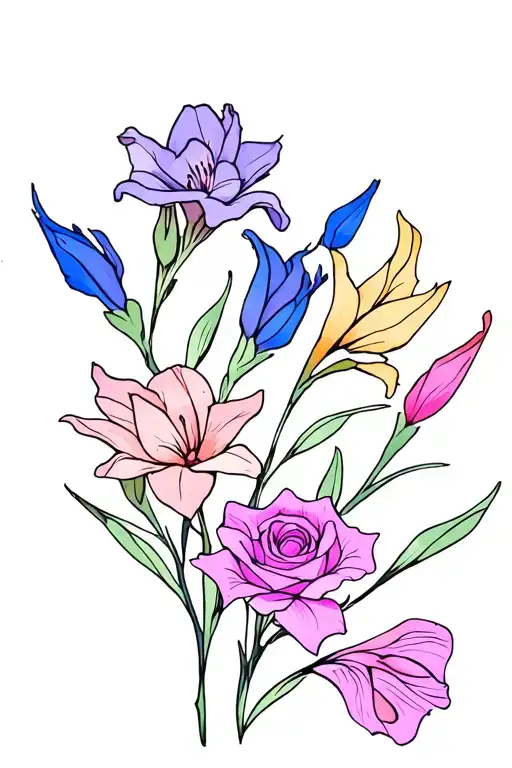 gladiolus, Sakura, rose, and sweet pea line tattoo colored. I like blues, purples, and pinks. tattoo design idea
