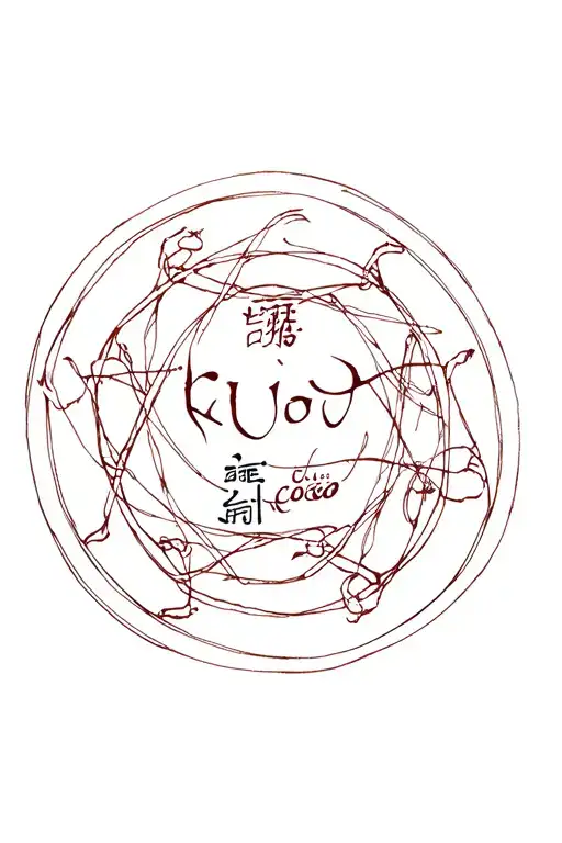 a Chinese style circle with the word Kuo and the word coco all interconnected together tattoo design idea