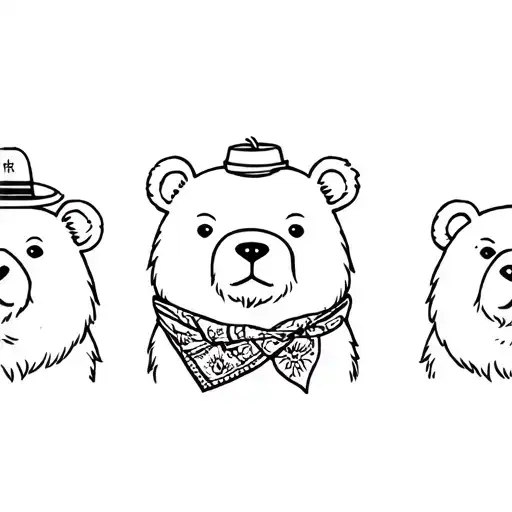  3 bears face looking one with a little bowlerhat the middle one with a bandana around the neck and det last one fiminin tattoo design idea