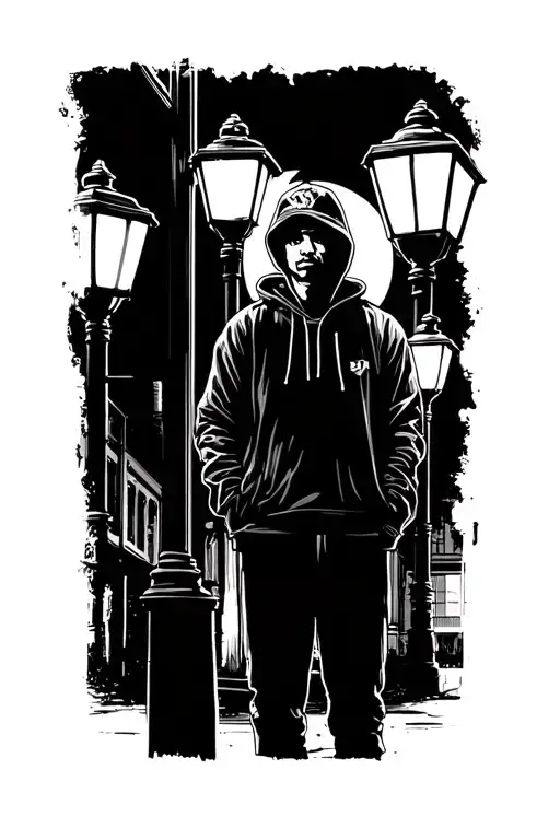 man in a hoodie standing next to street lamp posts, tattoo graphic style, bw tattoo design idea