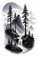 Mountains trees waterfall  tattoo design idea