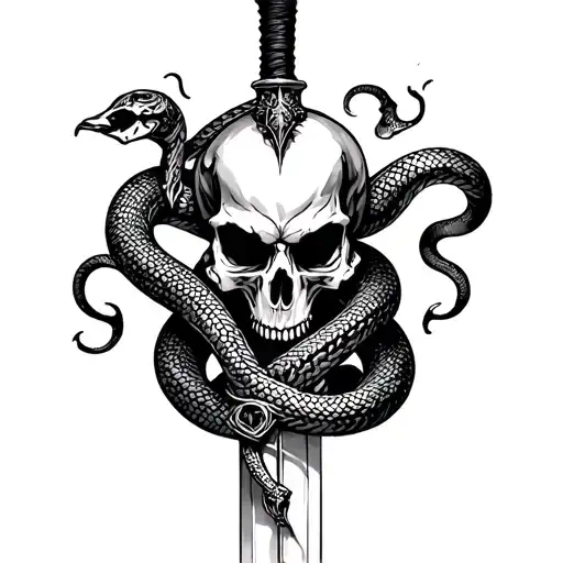 sword with evil skull and snake wrapped tattoo design idea
