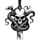 sword with evil skull and snake wrapped tattoo design idea