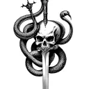 sword with evil skull and snake wrapped tattoo design idea