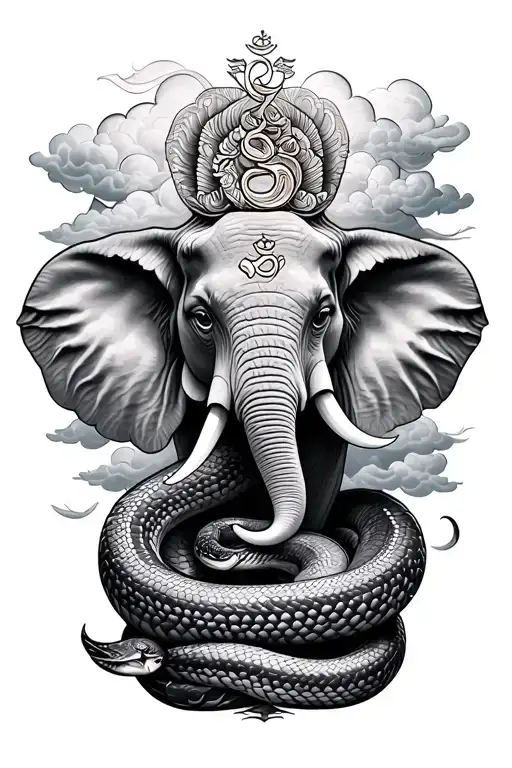 om symbol with snake, and a elephant with clouds with black and grey tattoo design idea