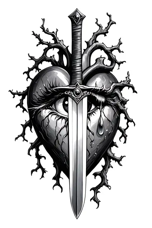 sword going through a heart with vines and a eye with a tear  tattoo design idea