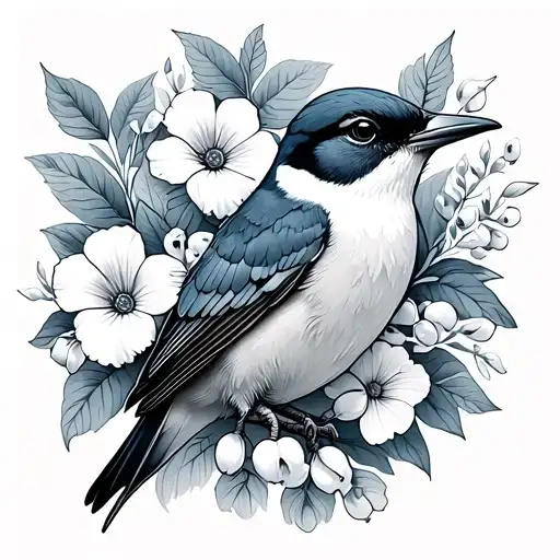 Swallow bird with forgetmenots, hawthorn, lily of the valley, aster, and morning glory flowers in its mouth  tattoo design idea