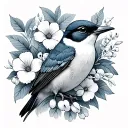 Swallow bird with forgetmenots, hawthorn, lily of the valley, aster, and morning glory flowers in its mouth  tattoo design idea
