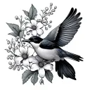 Swallow bird with forgetmenots, hawthorn, lily of the valley, aster, and morning glory flowers in its mouth  tattoo design idea