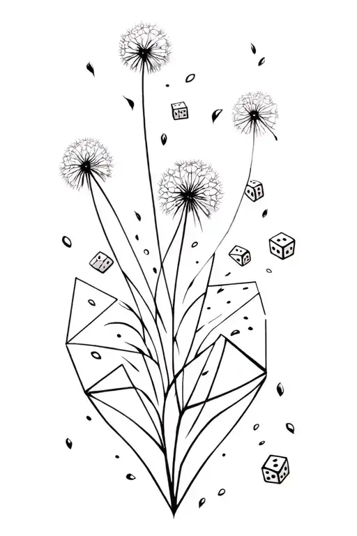 roleplaying geometric dice intertwined with floating dandilion seeds tattoo design idea