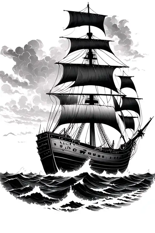 broken, burning ship sailing through stormy seas tattoo design idea
