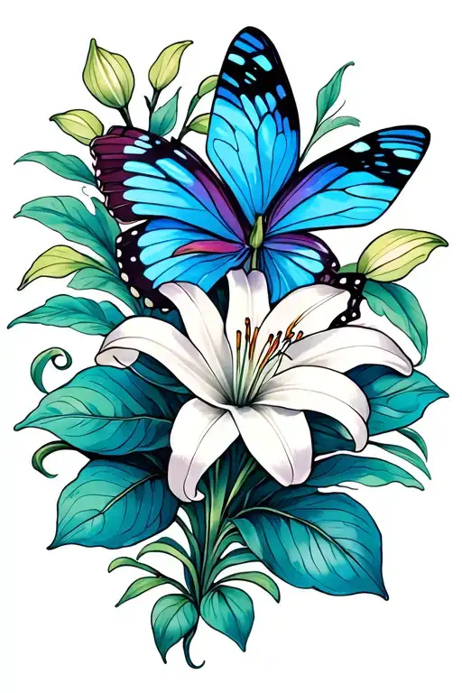 Lily flower a and butterfly blue tattoo design idea