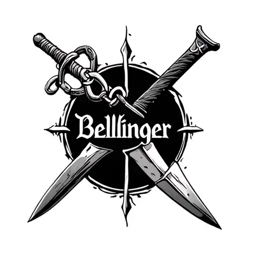 Name Bellinger written in the viking alphabet ruins, witha dagger and shackles tattoo design idea