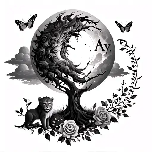 lion, lion cub, new moon, growing tree, roses, clouds, butterflies, Arya written out tattoo design idea